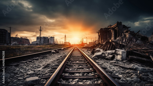 on the railway tracks towards the sunrise, destroyed city and buildings, ruins and abandoned area, deserted, end of the world or extinction of humanity such as pandemic or earthquake or climate change