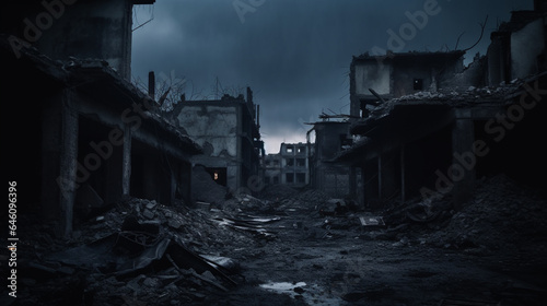 Ruins and rubble, destroyed buildings or demolished houses, walls and walls are destroyed, abandoned city or district and area, darkness at night, war or poverty or earthquake