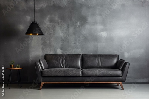 Interior design - black leather sofa in front of concrete wall. Generative AI