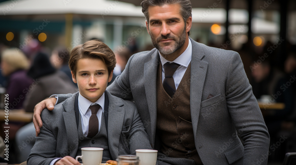 Father and son wearing light gray business winter coat and tie, luxurious and rich, business and elegance, child boy or teenager and mature adult man Father and son wearing light gray business winter coat and tie, luxurious and rich, business and elegance, child boy or teenager and mature adult man