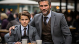 Father and son wearing light gray business winter coat and tie, luxurious and rich, business and elegance, child boy or teenager and mature adult man