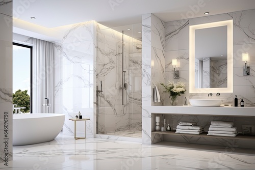 A luxurious bathroom with elegant marble finishes created with Generative AI technology