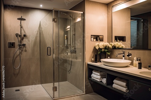 A modern bathroom with a spacious shower  sleek sink  and illuminated mirror created with Generative AI technology
