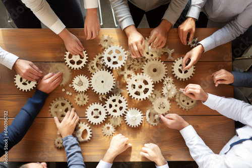 Group of business people joining together silver and golden colored gears on table at workplace top view generative ai