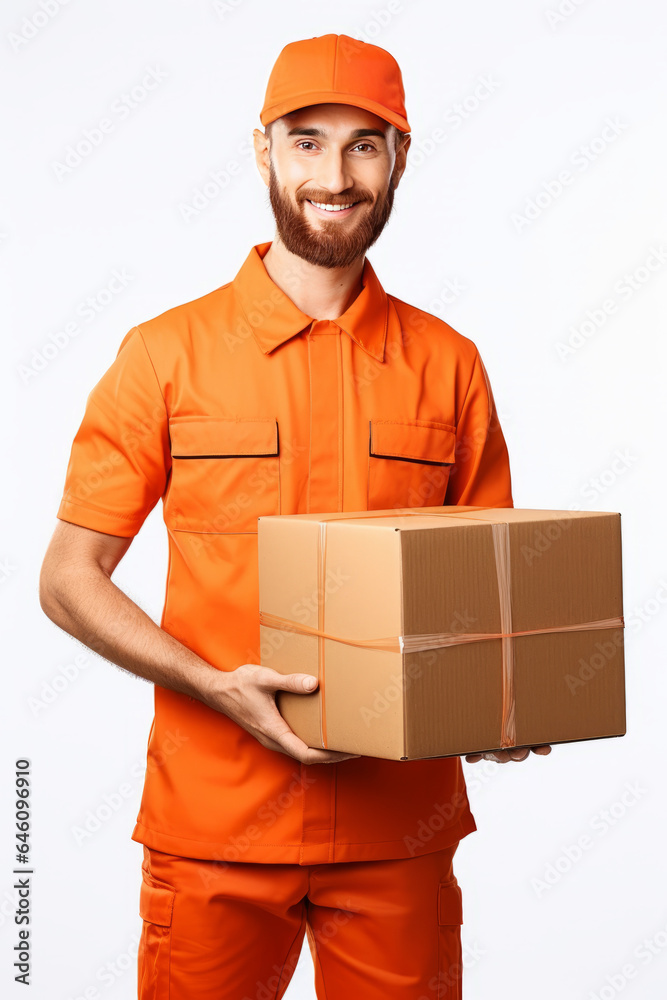 handsome man employee of the Parcel delivery company in orange uniform, friendly, with a parcel in her hands.generative ai handsome man employee of the Parcel delivery company in orange uniform, friendly, with a parcel in her hands.generative ai