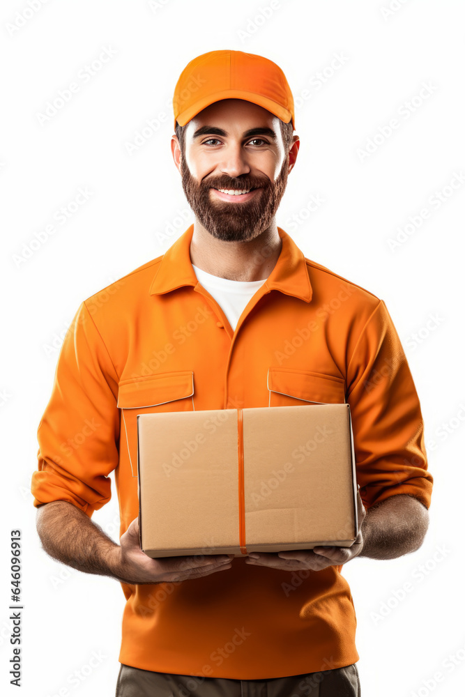 handsome man employee of the Parcel delivery company in orange uniform, friendly, with a parcel in her hands.generative ai handsome man employee of the Parcel delivery company in orange uniform, friendly, with a parcel in her hands.generative ai