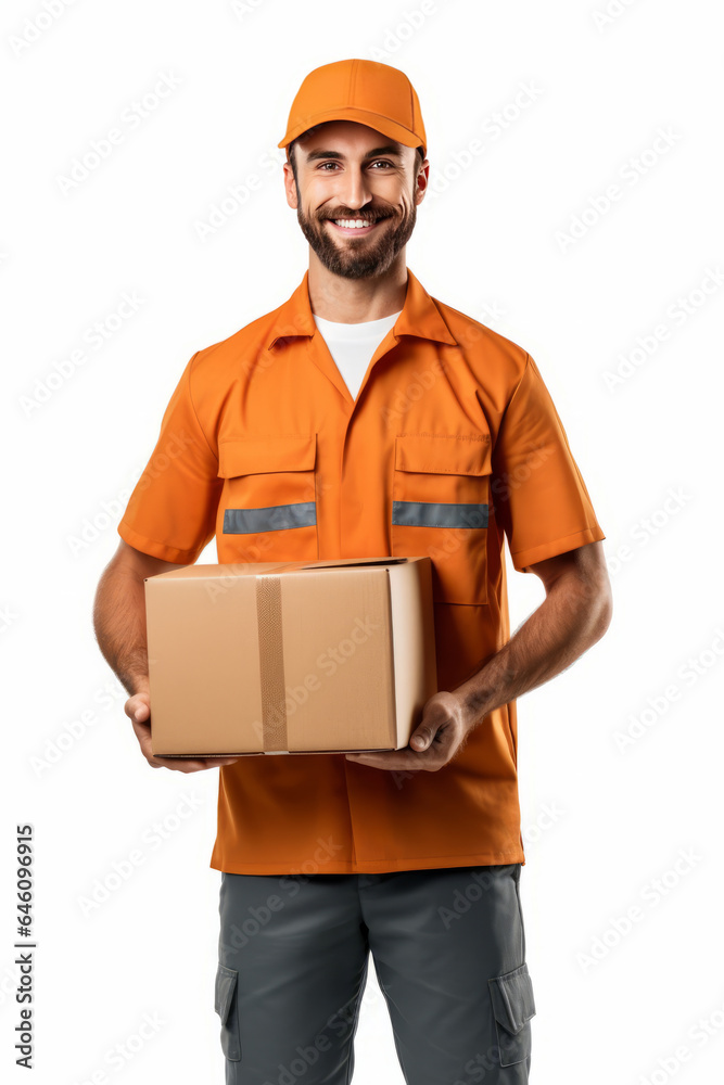 handsome man employee of the Parcel delivery company in orange uniform, friendly, with a parcel in her hands.generative ai handsome man employee of the Parcel delivery company in orange uniform, friendly, with a parcel in her hands.generative ai