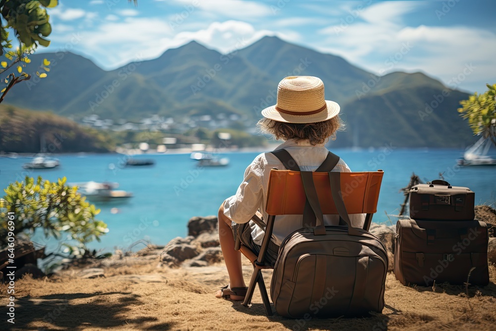 Child with vintage suitcase on summer vacation. Travel and adventure concept. advertising for tour operators