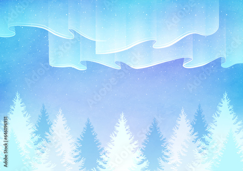 輝くオーロラと森の風景 幻想的な冬の自然の水彩背景イラスト