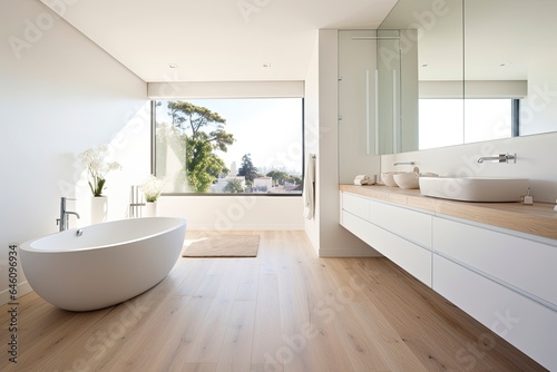 A spacious bathroom with a bright white bathtub next to a window created with Generative AI technology