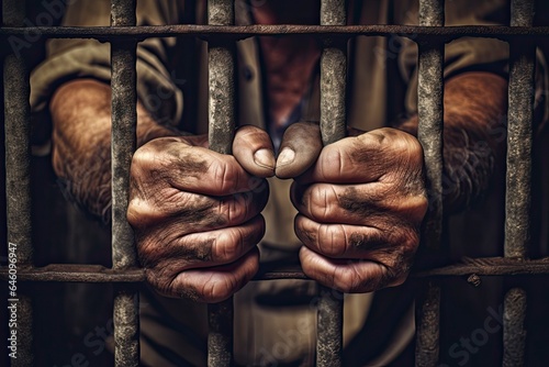 Fényképezés A man holding his hands inside a jail cell created with Generative AI technology