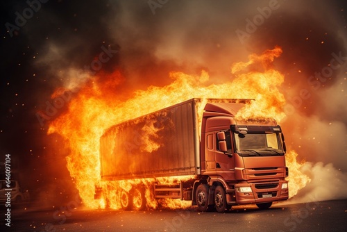 Impact of logistics and delivery on financing, credit, and the environment: truck in flames. Generative AI