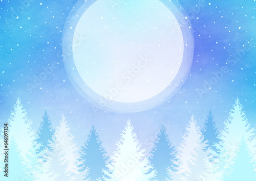 雪がふる森と満月の風景 幻想的な冬の自然の水彩背景イラスト