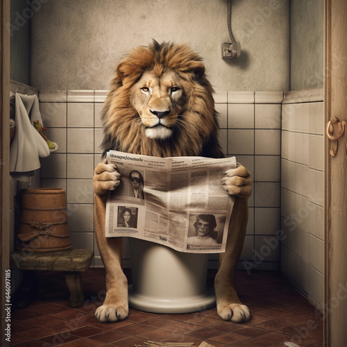 lion sit on the toilet, reading a newspaper, leo sitting on the luxe potty, restroom humor, albino lion photo