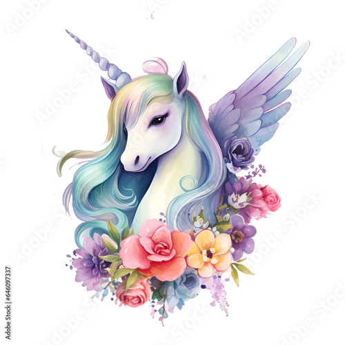 Watercolor unicorn with flowers illustration Generative AI, png image.