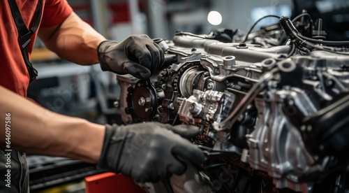 close-up of a auto mechanic repairing engine, close-up car engine, auto mechanic hands fixing car engine, mechanic fixing car