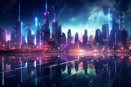 Cityscape with futuristic holograms in a cyberpunk-themed color scheme  representing advanced technology in a virtual world. Generative AI