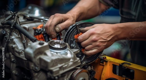 close-up of a auto mechanic repairing engine, close-up car engine, auto mechanic hands fixing car engine, mechanic fixing car © Gegham