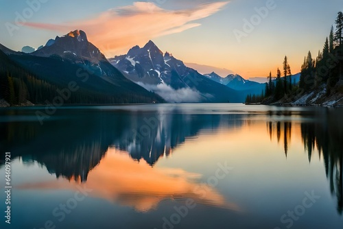 sunset over the lake, A painting of a lake with mountains in the background. © SANA