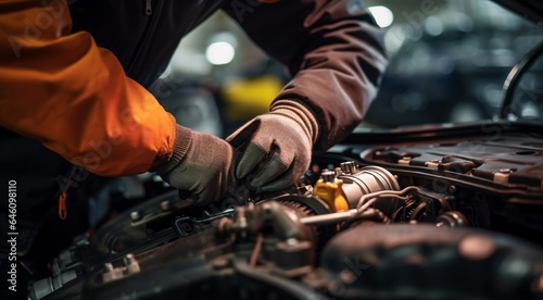 close-up of a auto mechanic repairing engine, close-up car engine, auto mechanic hands fixing car engine, mechanic fixing car