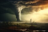 A long and slender tornado with lightning - dramatic atmosphere - artwork created and enhanced. Generative AI