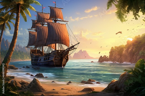 Illustration of pirate ship at tropical beach picking up more pirates. Exotic and storybook-like artwork. Generative AI