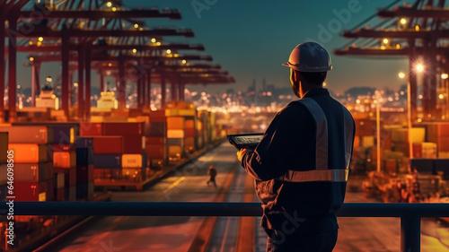 An engineer and tablet at Containers yard from Cargo freight ship for import export. Transportation concept Import and export.,generative ai © LomaPari2021