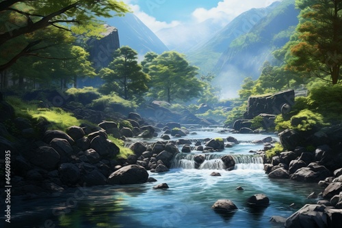 High resolution  breathtaking nature artwork featuring a serene mountain stream. Generative AI