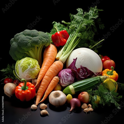 Professional Shot of a Bunch of Vegetables on a Wooden Surface over a Dark Background.