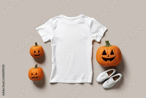 White women men kids t-shirt mockup with shoes, Halloween pumpkin on beige background. Halloween Design t shirt template, POD, Print on demand, print presentation tee mock up. Top view. photo