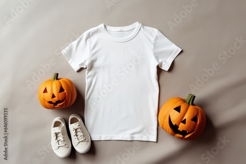 White women men kids t-shirt mockup with shoes, Halloween pumpkin on beige background. Halloween Design t shirt template, POD, Print on demand, print presentation tee mock up. Top view.