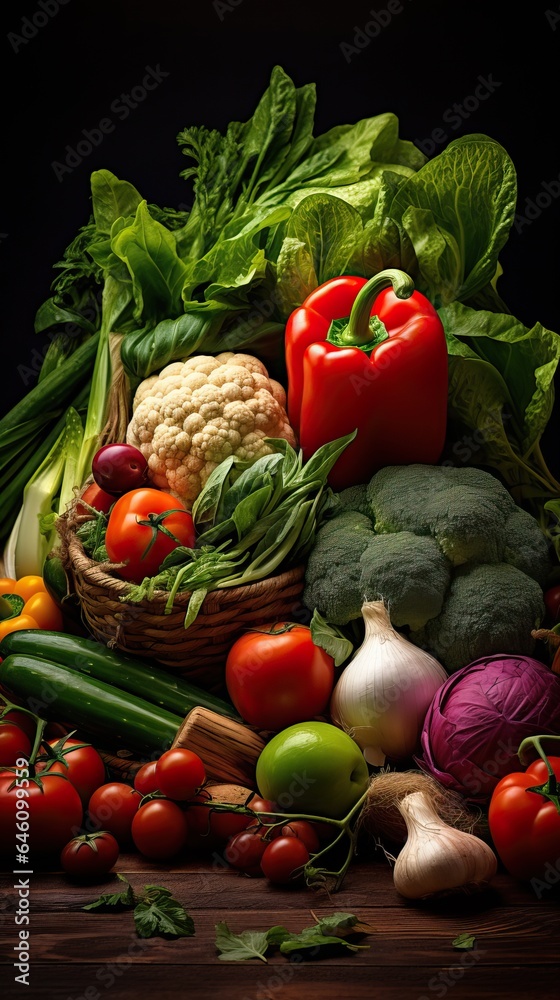 Professional Shot of a Bunch of Vegetables on a Wooden Surface over a Dark Background. Professional Shot of a Bunch of Vegetables on a Wooden Surface over a Dark Background.