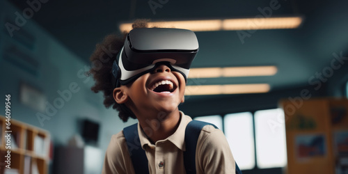 Smiling african american schoolboy wearing vr glasses while standing in classroom, virtual reality simulator, generative ai © OP38Studio