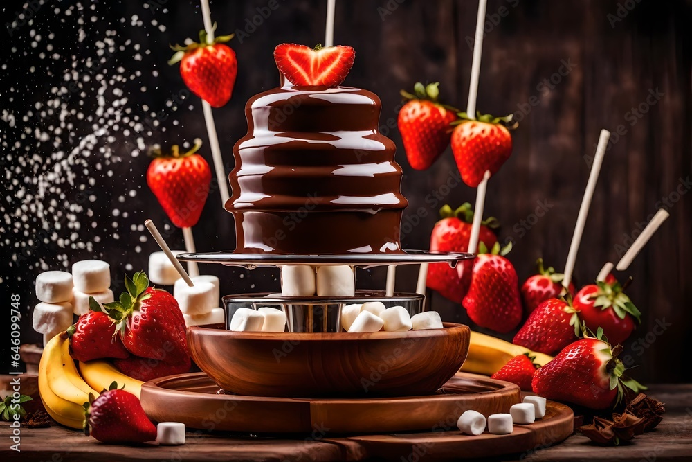 Chocolate fountain with marshmallows, strawberries and banana on a wooden skewer