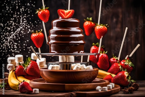 Chocolate fountain with marshmallows, strawberries and banana on a wooden skewer