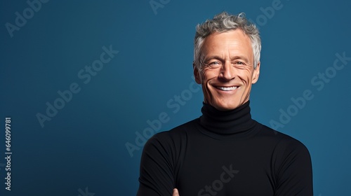 on a blue background, a mature man is smiling while sporting a black turtleneck.