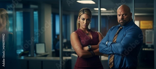 a plussize man and woman standing in an office