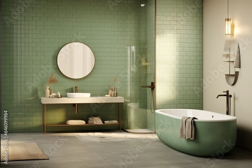 Modern and Naturalistic Bathroom. Green Walls and some Vegetation Inside.