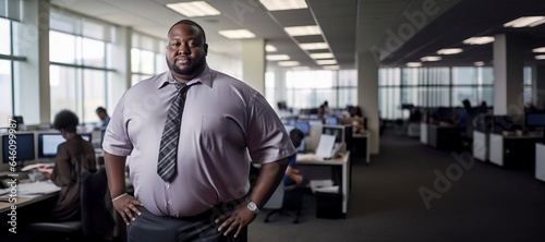 a plussize black businessman or ceo in a shirt and tie standing in an office