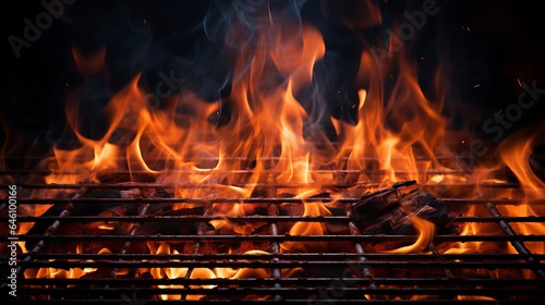 Grill With Flames For Barbecue Black Background With An Empty Fire Grid