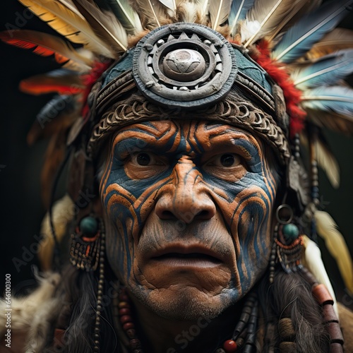 Amazing Portait of a South American Tribal Male during a War. © Luca