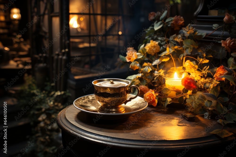 cup of coffee at a table on a comfortable autumn day cup of coffee at a table on a comfortable autumn day