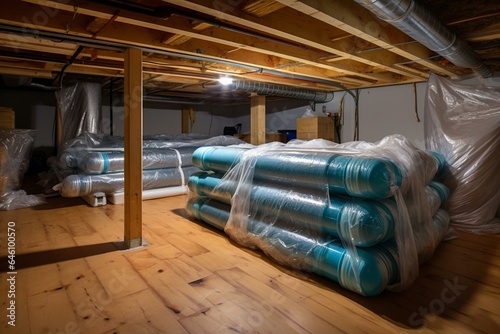 Fully encapsulated crawl space with thermoregulatory blankets and dimple board, visible radon mitigation system pipes. Basement location for energy-saving home improvement. Generative AI photo