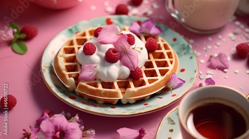 Delicious sweet waffles served on a pink tray with hot milk and fruit sauce on a colorful table background can be seen from above.