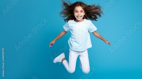 Full length body size view of attractive, happy girl posing over bright blue background with copy space.
