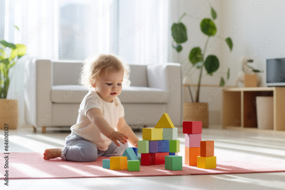 Toddler Baby Girl Playing With Colorful Wooden Block Toys in the Light Living Room