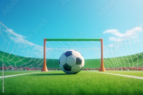 3D illustration of a soccer field with a football ball and a soccer goal. Generative AI