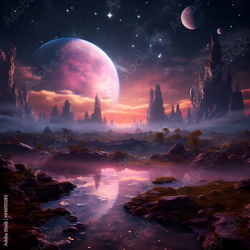 Landscape with moon, stars, planet background, universe galaxy concept  © Design M