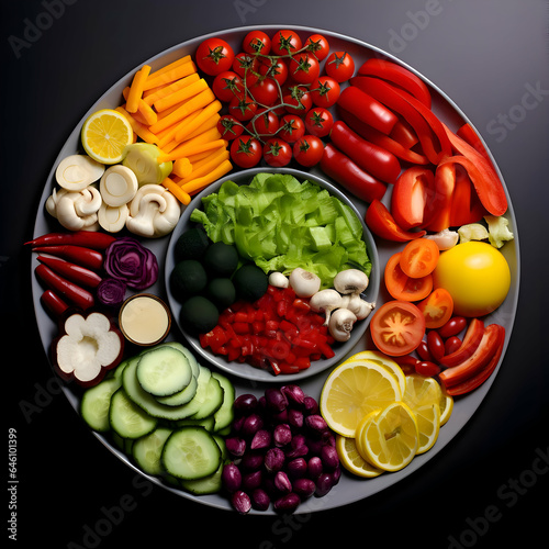 Freshly sliced vegetables arranged on a plate on dark background