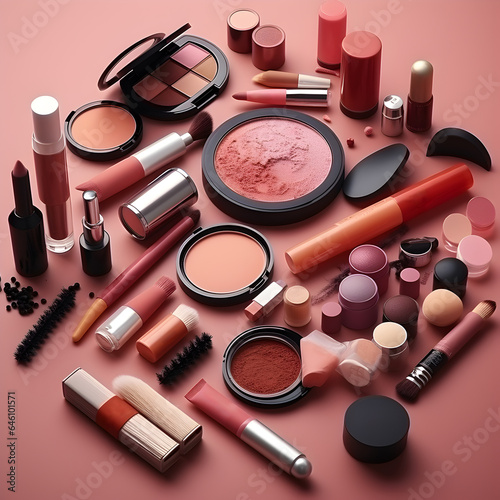 make up accessories with copy space, all cosmetics, pink background 